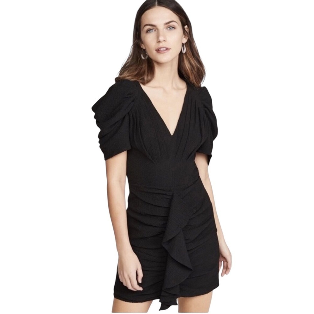 C/Meo Collective Black V-Neck Mini Dress Puffed Sleeves Ruffle Trim XXS